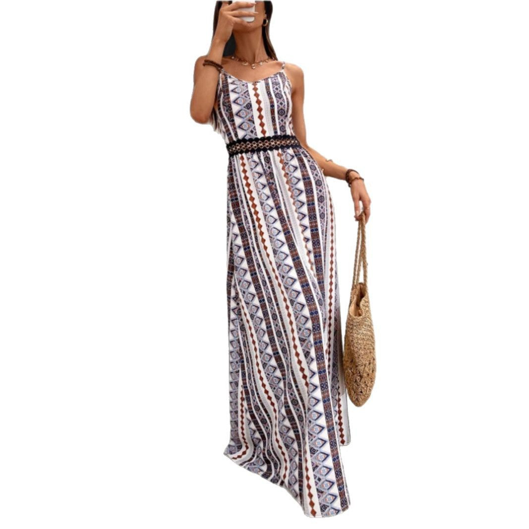 Damen Maxikleid mit bohemian Muster und raffiniertem elastischem Taillenband Stalluxe