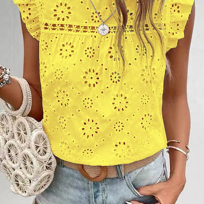 Damen Häkelbluse mit floralen Durchbrüchen und Rüschenärmel Stalluxe