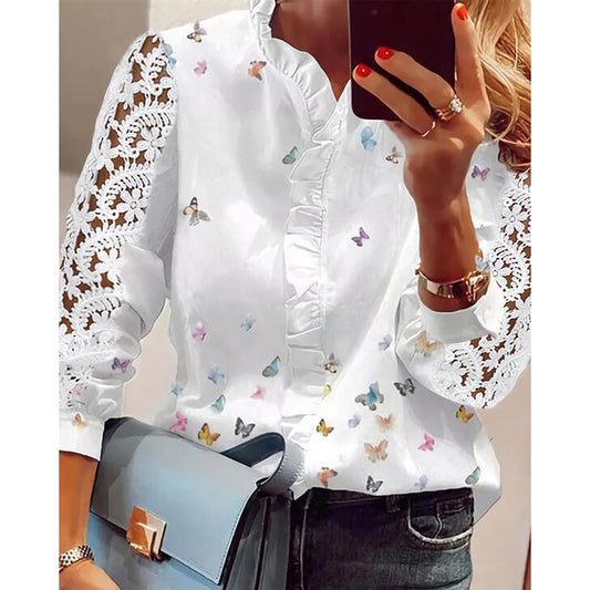 Damen Bluse mit floralen Applikationen, Rüschendetails und Spitzenärmeln Stalluxe