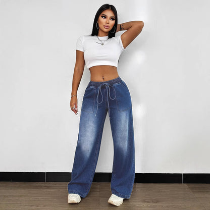 Damen Weite Jeanshose mit elastischem Bund und modischen Taschen Stalluxe
