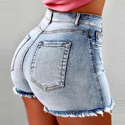 Damen High-Waist Denim-Shorts mit fransigem Saum Stalluxe