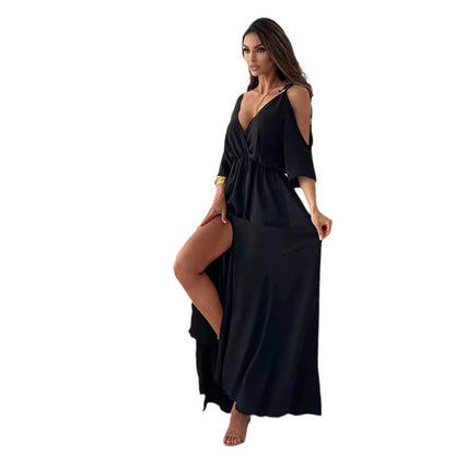 Damen elegantes Maxikleid mit tiefem V-Ausschnitt und Schlitz Stalluxe