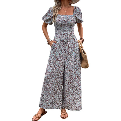 Damen farbenfrohes Blumensommeroverall mit Puffärmeln Stalluxe
