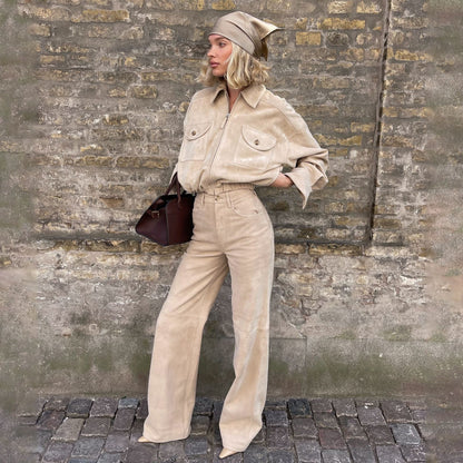 Damen Gesteppte Lederjacke und Hochbundhose Set Stalluxe