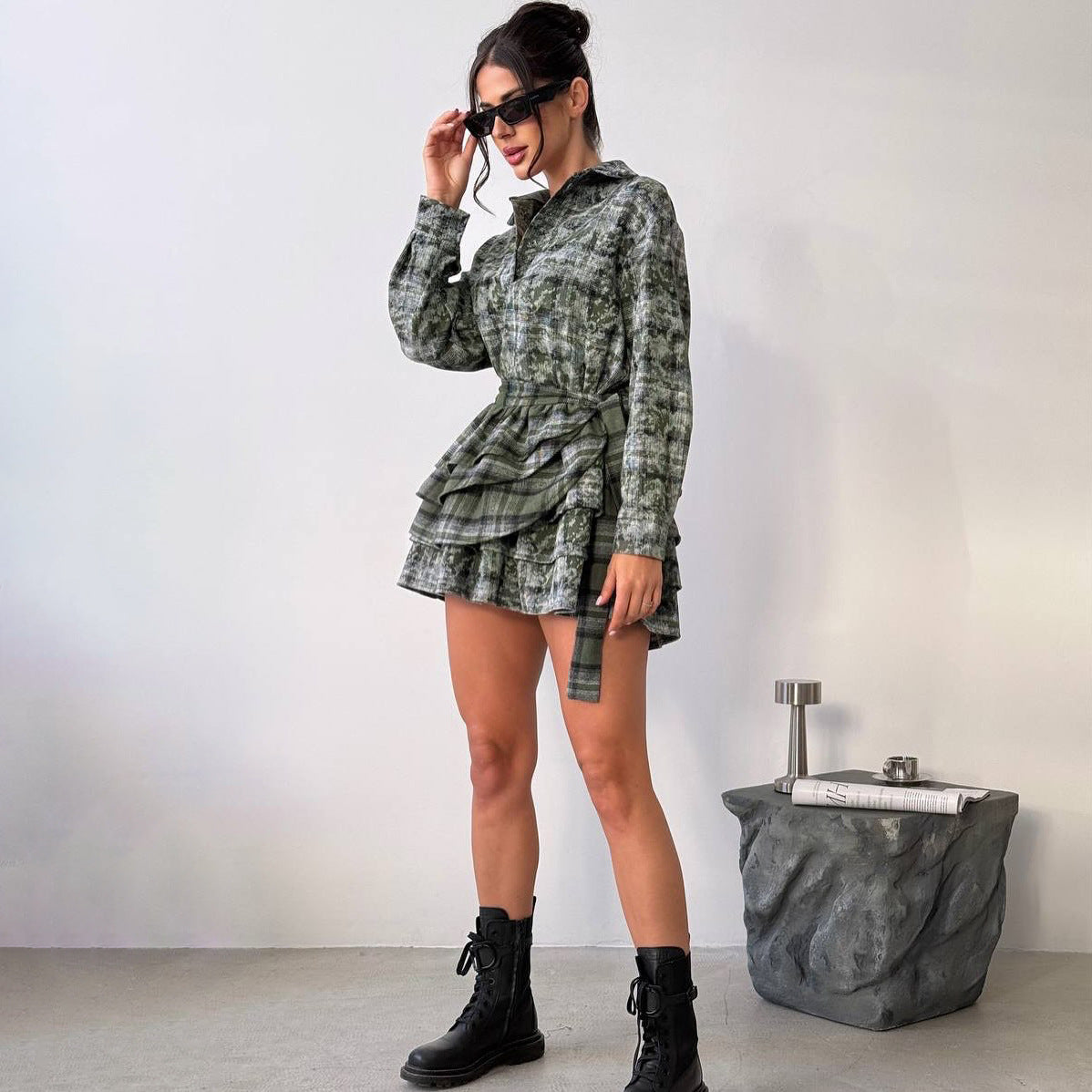 Damen Hemdkleid mit verstellbarem Taillengürtel und frischem Karomuster Stalluxe