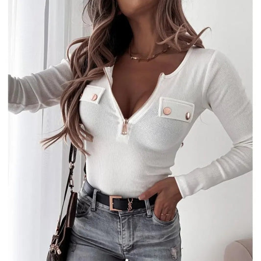 Damen Langarmshirt mit schimmerndem Reißverschluss und dekorativen Knopfdetails Stalluxe