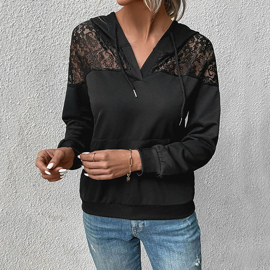 Damen Kapuzenpullover mit Spitzenbesatz und Kängurutasche Stalluxe