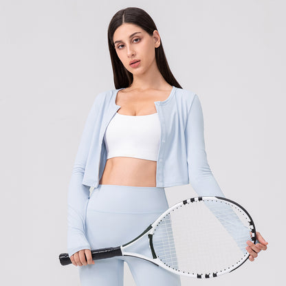 Damen Sport Cropped Langarmshirt mit Knopfleiste und Daumenlöchern Stalluxe