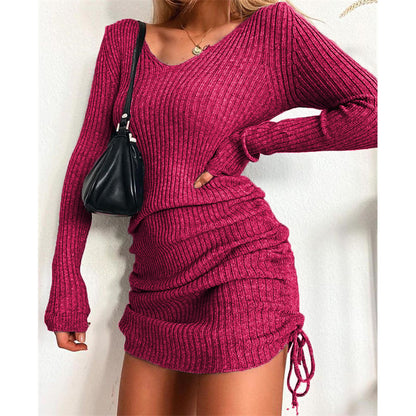 Damen Rippstrickkleid mit tiefem V-Ausschnitt und verstellbarem Raffung Stalluxe