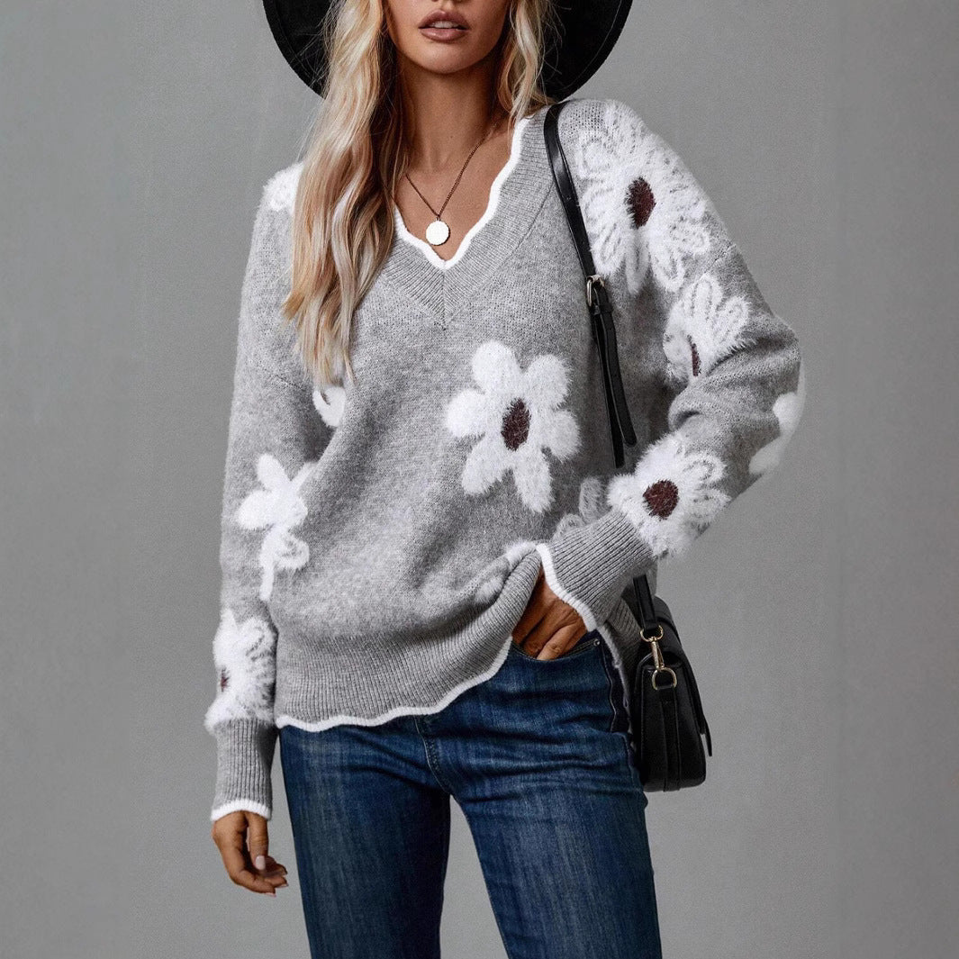 Damen Strickpullover mit floralem Design und V-Ausschnitt Stalluxe