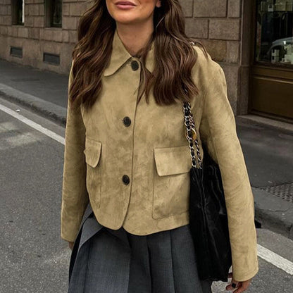 Damen Kurzjacke aus Wildleder mit großen Taschen und Button-Down-Verschluss Stalluxe