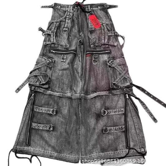 Damen auffällige Denim Latzhose mit abnehmbaren Trägern und vielen Taschen Stalluxe