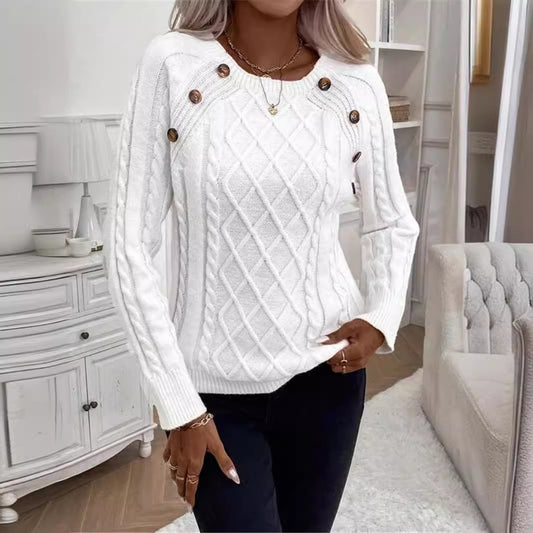 Damen Strickpullover mit strukturiertem Rautenmuster und dekorativen Knöpfen Stalluxe