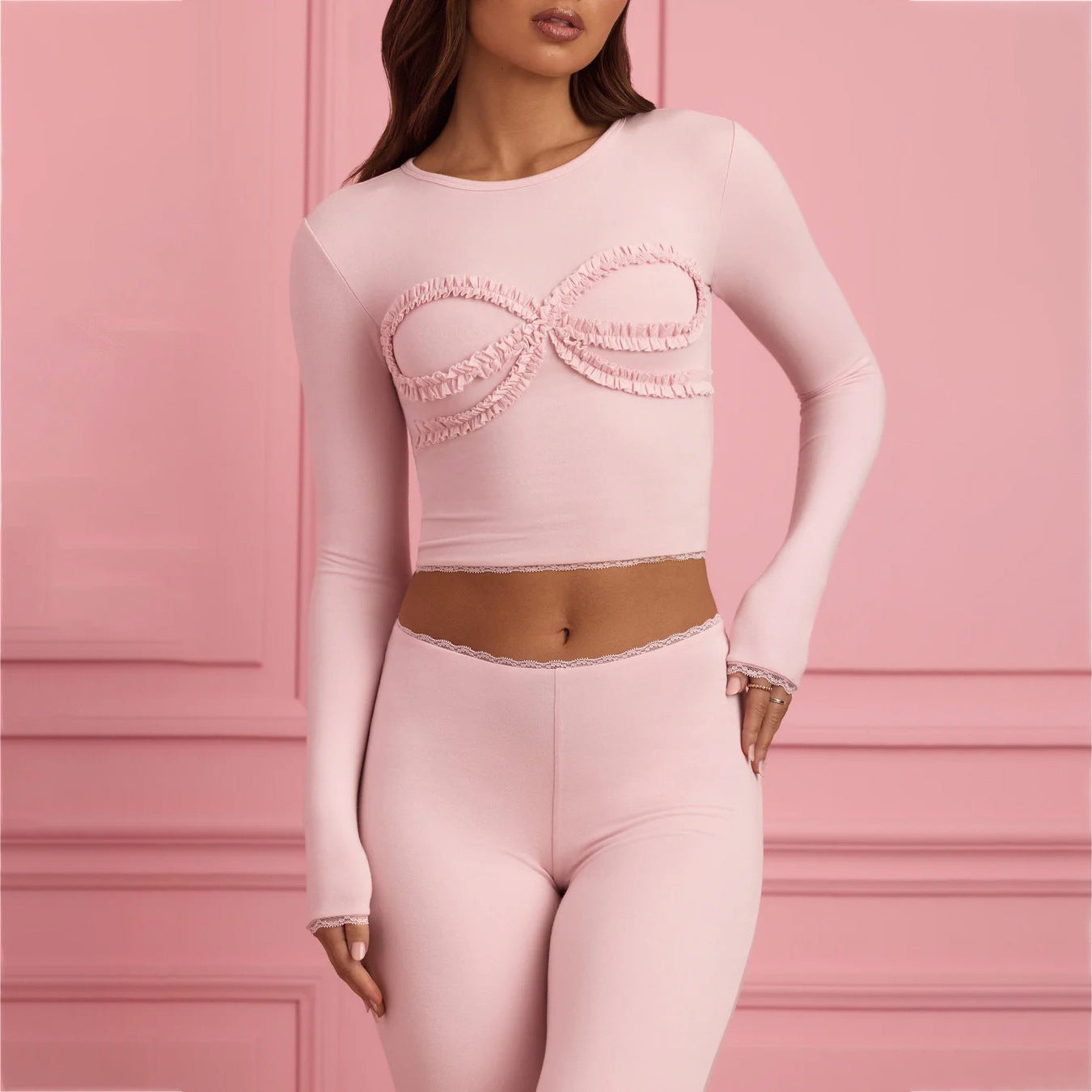 Damen körperbetontes Langarm-Crop-Top mit Rüschendetails Stalluxe Rosa