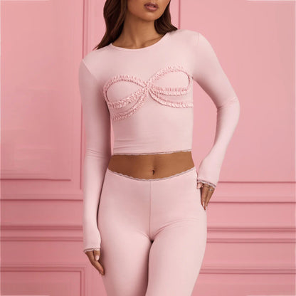 Damen körperbetontes Langarm-Crop-Top mit Rüschendetails Stalluxe Rosa