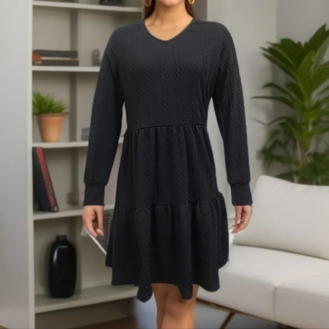 Damen lässiges V-Ausschnitt Kleid mit weitem Saum Stalluxe