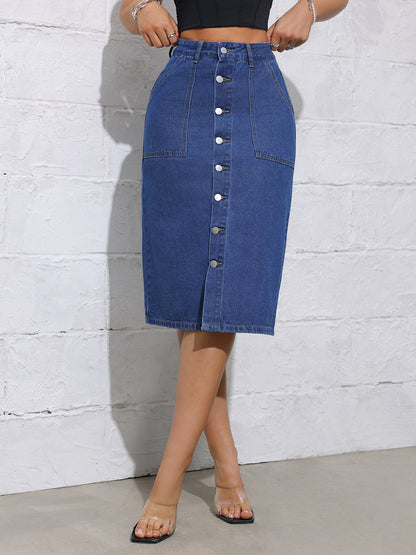 Damen Jeans-Midirock mit Knopfverschluss und praktischen Taschen Stalluxe