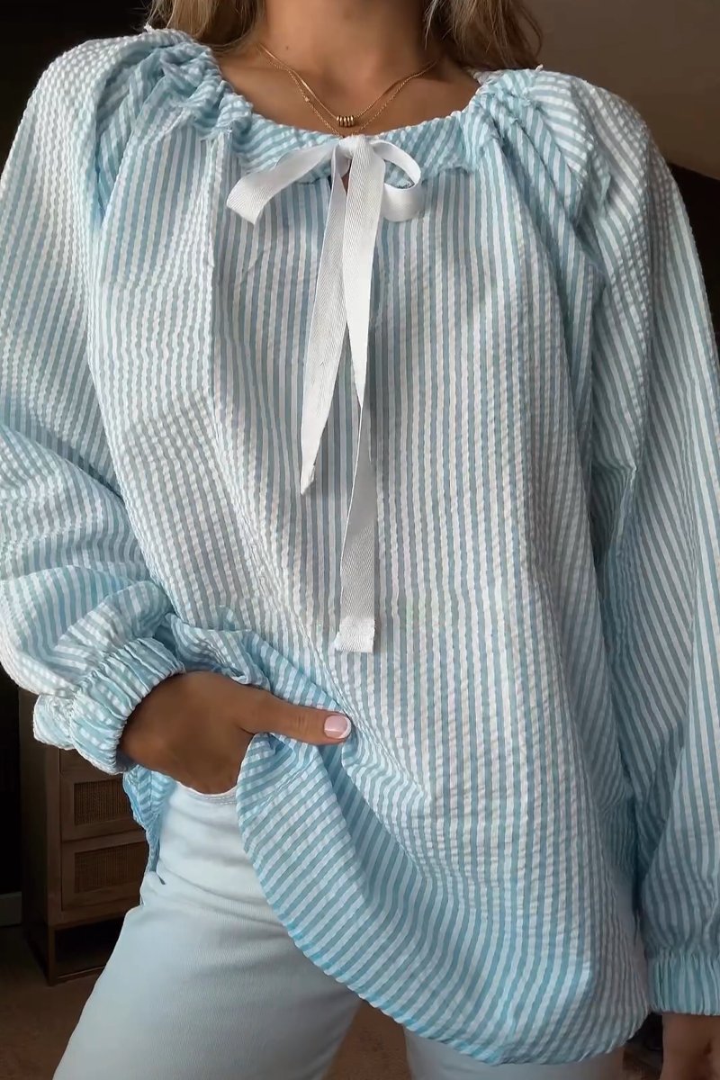 Damen Bluse mit elastischem Ausschnitt und Schleifenbindung Stalluxe
