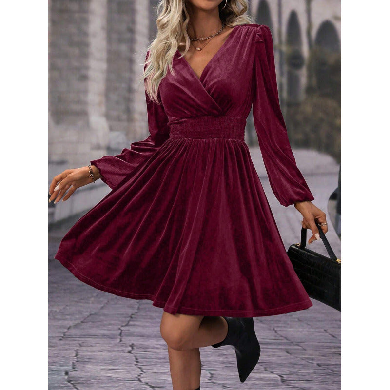 Damen Skaterkleid mit eleganten Raffung und V-Ausschnitt Stalluxe Weinrot