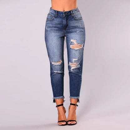 Damen High-Waist Jeans im modernen Destroyed-Look mit angesagtem fransigen Saum Stalluxe Dunkelblau
