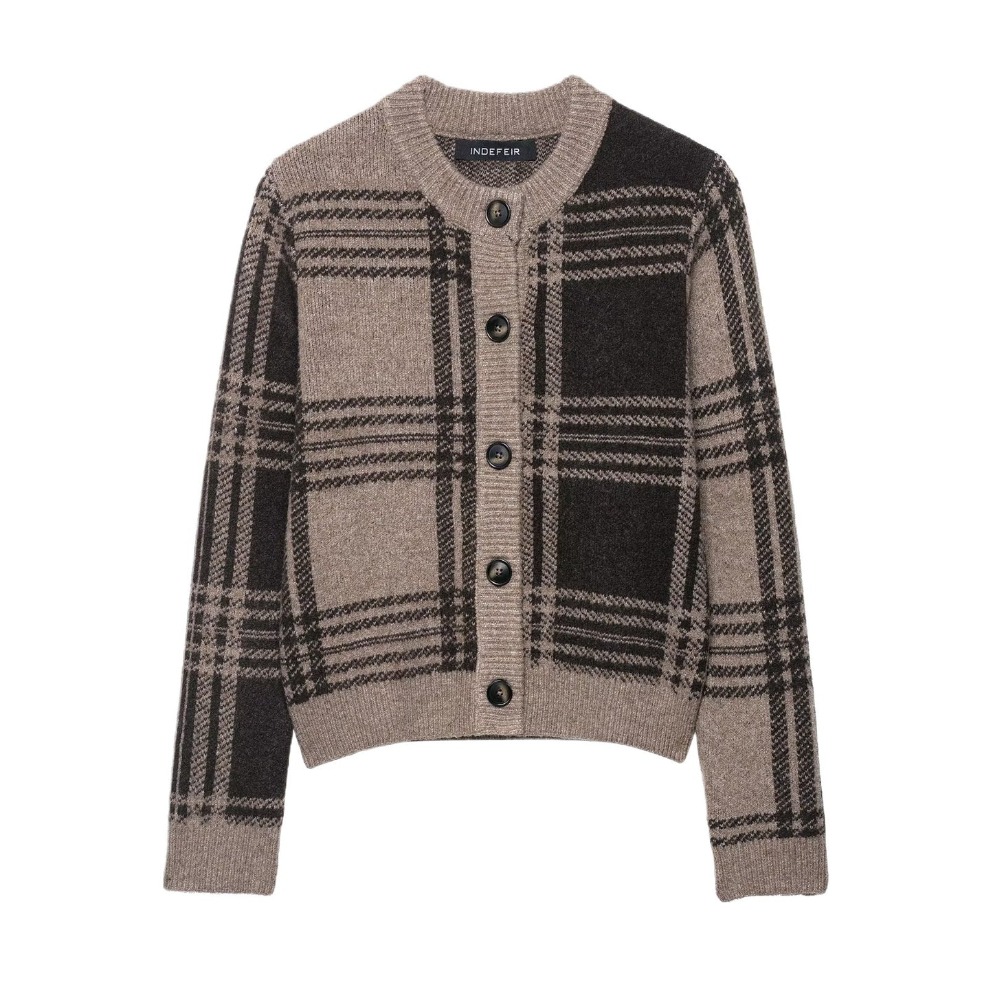 Damen Modische Karostrickjacke mit Knopfleiste und Rundhalsausschnitt Stalluxe