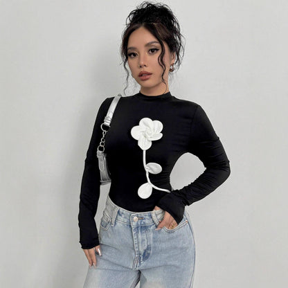 Damen Langärmliges T-Shirt mit 3D-Blumenapplikation Stalluxe