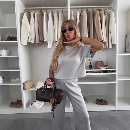 Damen lässiges Cropped Oberteil und weit geschnittene Hose Set Stalluxe