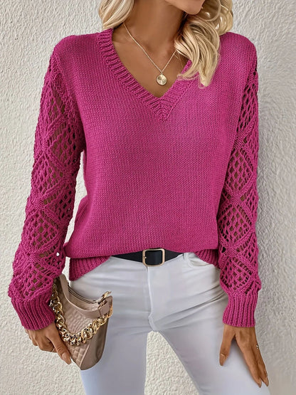 Damen Eleganter Strickpullover mit V-Ausschnitt und gehäkelten Ärmeln Stalluxe Magenta