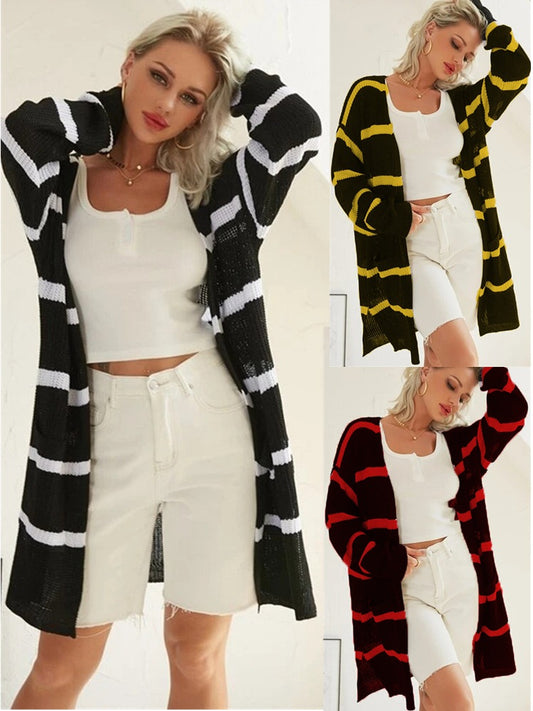 Damen Langer Strickcardigan mit Streifenmuster und offenem Design Stalluxe