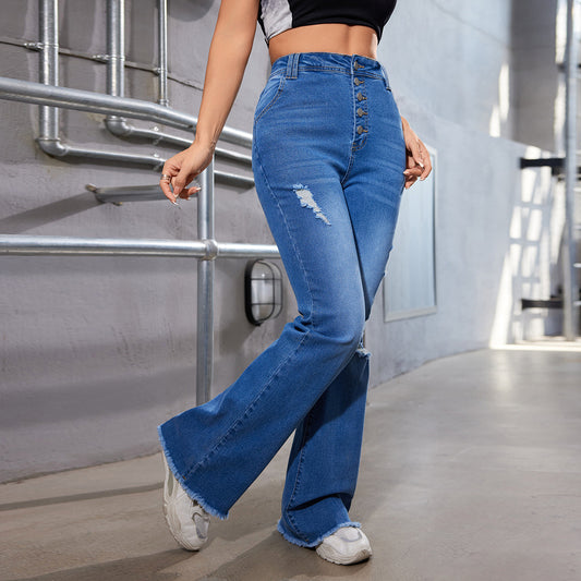 Damen Flared Jeans mit Knopfverschluss und Destroyed-Details Stalluxe