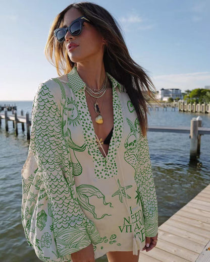Damen lässige Strandbluse mit kunstvollem maritimem Druck und schickem V-Ausschnitt Stalluxe