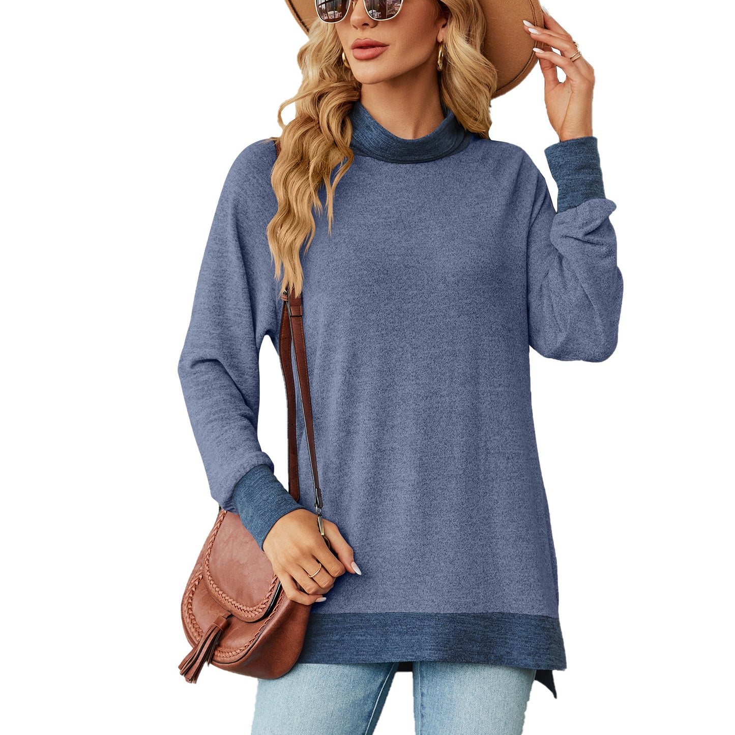 Damen Oversized Pullover mit hohem Kragen und Kontrastärmel Stalluxe