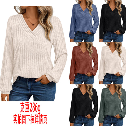 Damen gemütliches Langarmshirt mit strukturiertem V-Ausschnitt Stalluxe