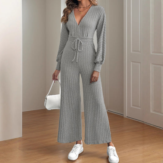 Damen Strickoverall mit tiefem V-Ausschnitt und Taillengürtel Stalluxe