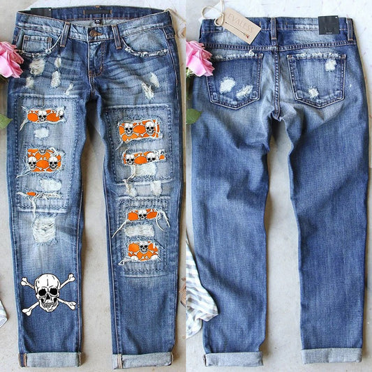 Damen Skinny Jeans mit auffälligen Totenkopf-Mustern Stalluxe