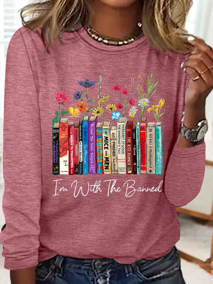 Damen Langarmshirt mit Bücher- und Blumenmotiv Stalluxe