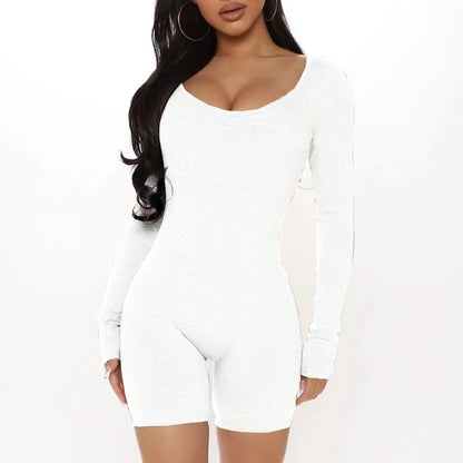 Damen Figurbetonter Jumpsuit mit langen Ärmeln und V-Ausschnitt Stalluxe