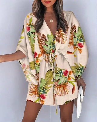 Damen Blusen-Kleid mit floralen Mustern und Bindegürtel Stalluxe