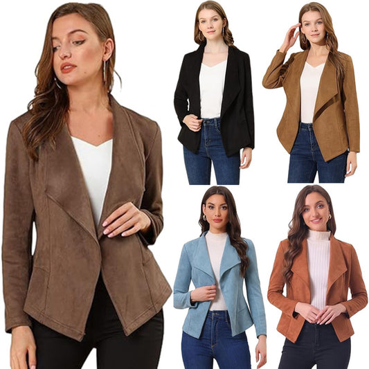 Damen modische Synthetiklederjacke mit offenem Schnitt und Taschen Stalluxe