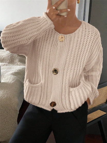 Damen Grobstrick-Jacke mit eleganten Knöpfen und Taschen Stalluxe