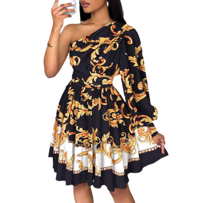 Damen Florales Cocktailkleid mit asymmetrischem Träger-Design und voluminösen Ärmeln Stalluxe