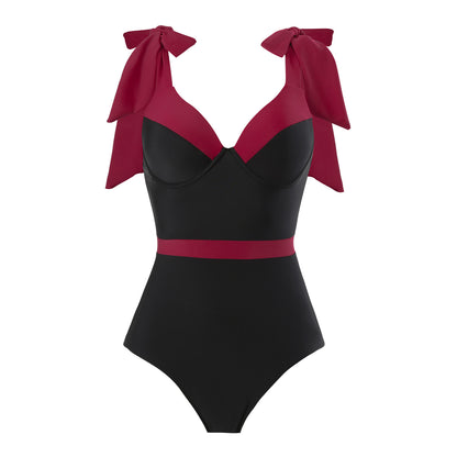 Damen Eleganter Badeanzug mit abnehmbarem Wickelrock und farblich abgestimmten Schleifen Stalluxe