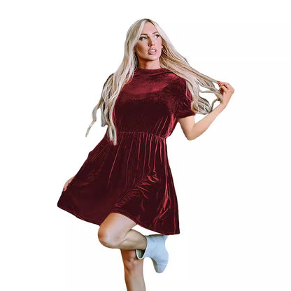Damen Samtige Kurzarm-Kleid mit tailliertem Schnitt und A-Linien-Rock Stalluxe