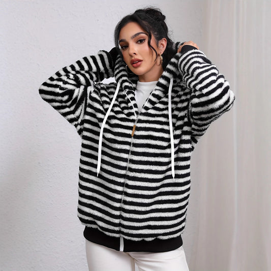 Damen kuschelige Kapuzenjacke mit gestreiftem Design und großer Tasche Stalluxe