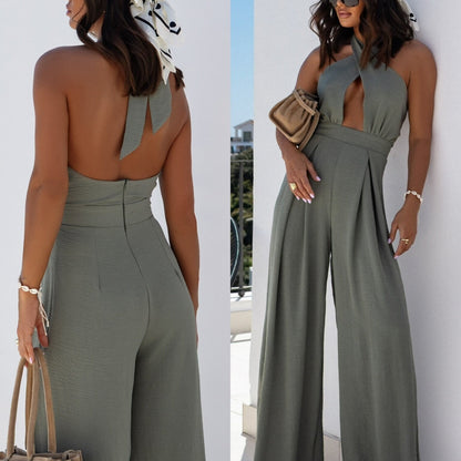Damen Elegant geschnittener Jumpsuit mit schulterfreiem Design und weiten Beinen Stalluxe