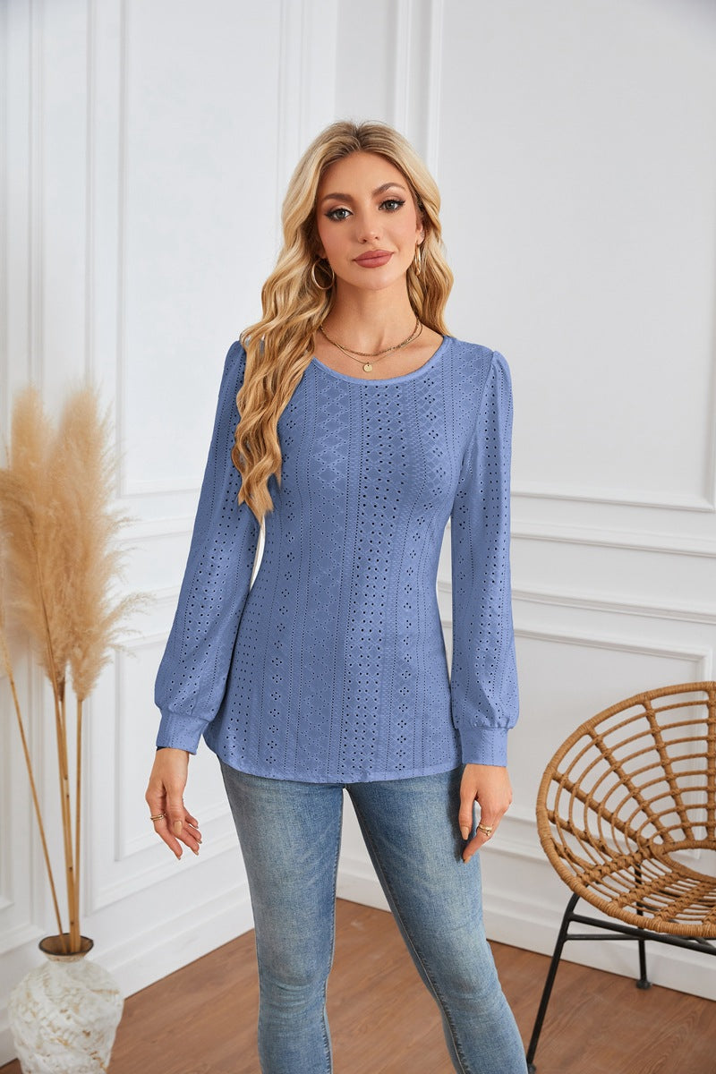 Damen Bluse mit luftigen Lochmustern und eleganten Puffärmeln Stalluxe