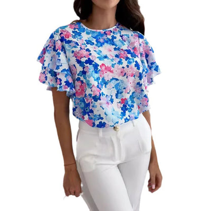 Damen Bluse mit voluminösen Rüschensäumen und floralem Druck Stalluxe
