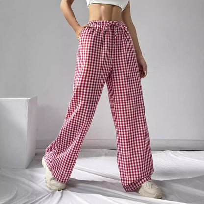 Damen Weitgeschnittene Karohose mit elastischem Bund und Kordelzug Stalluxe