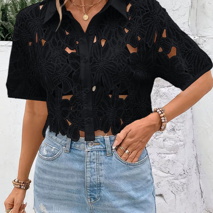 Damen luftige Bluse mit floralem Häkelmuster und geschlossenen Knopfleisten Stalluxe