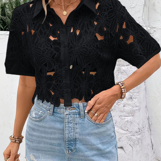 Damen luftige Bluse mit floralem Häkelmuster und geschlossenen Knopfleisten Stalluxe